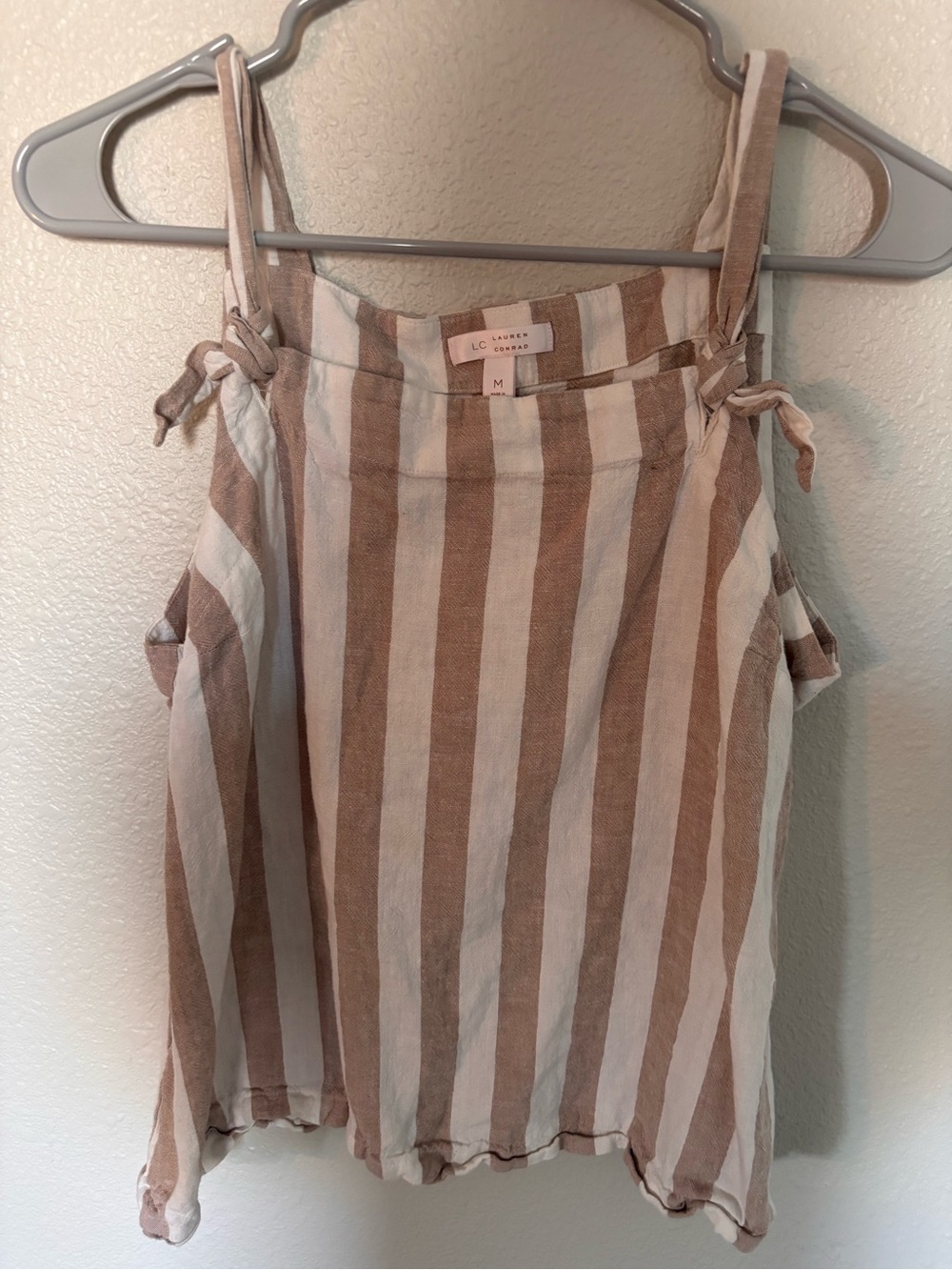 LC Lauren Conrad Beige & White Striped Linen-Blend tank top knot tie Shirt